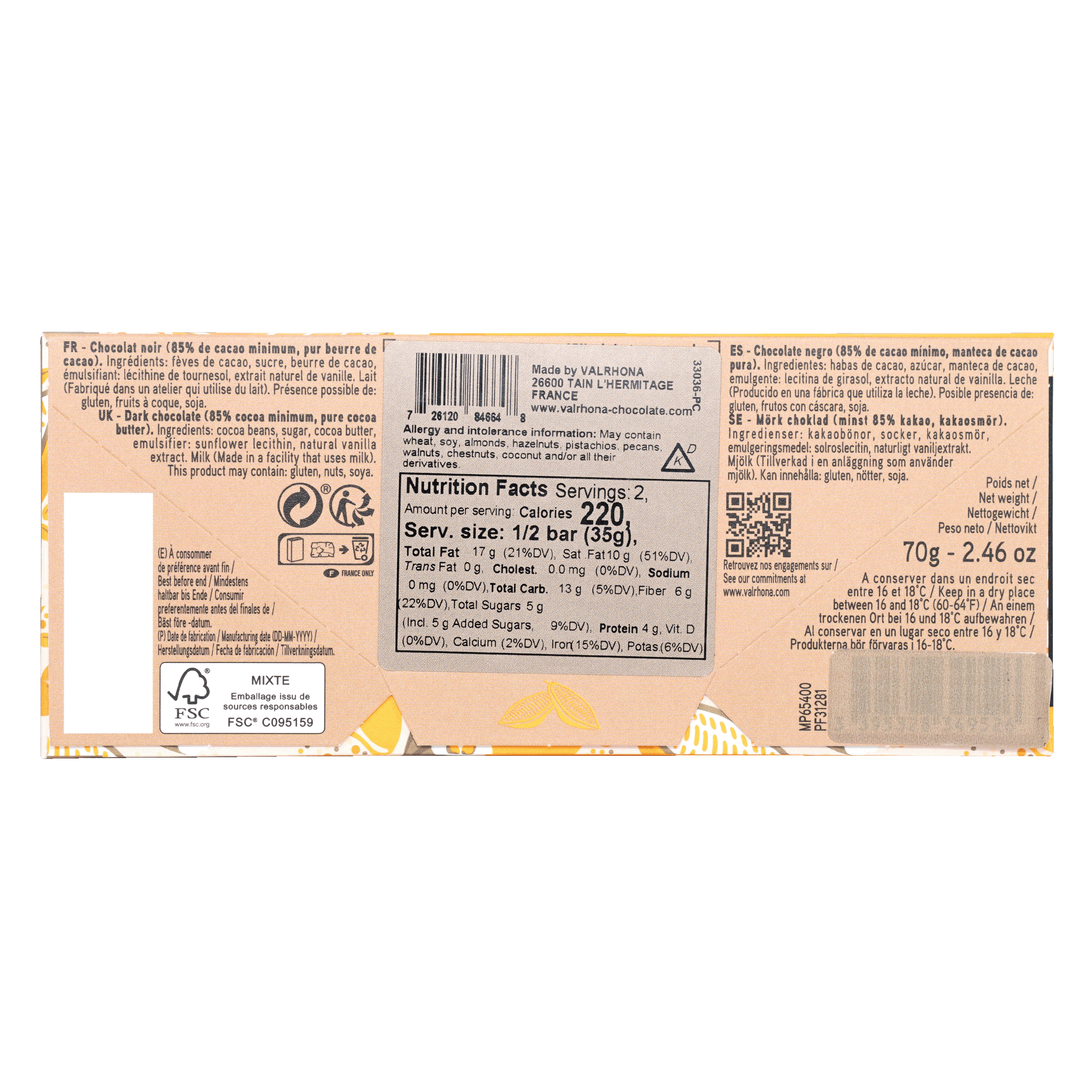 Valrhona Grand Cru Abinao 85% dark chocolate bar wrapper back with barcode