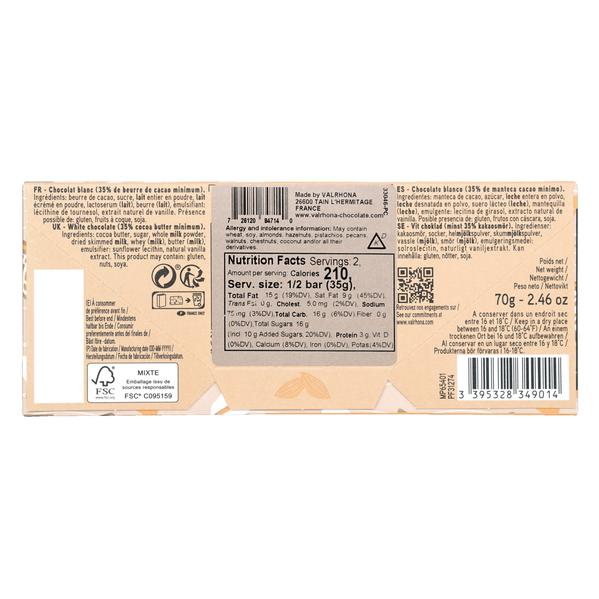 Valrhona Grand Cru Dulcey Blond 35% beige gold foil white chocolate bar