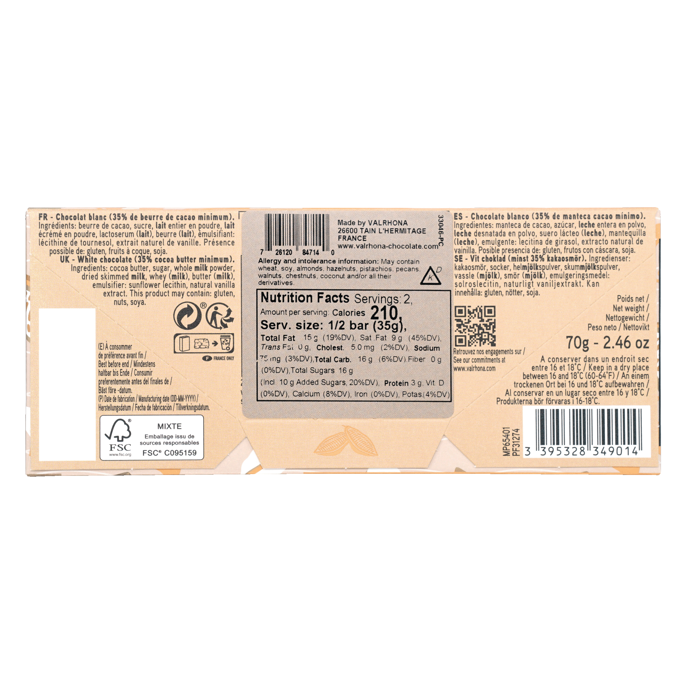 Valrhona Grand Cru Dulcey Blond 35% beige gold foil white chocolate bar