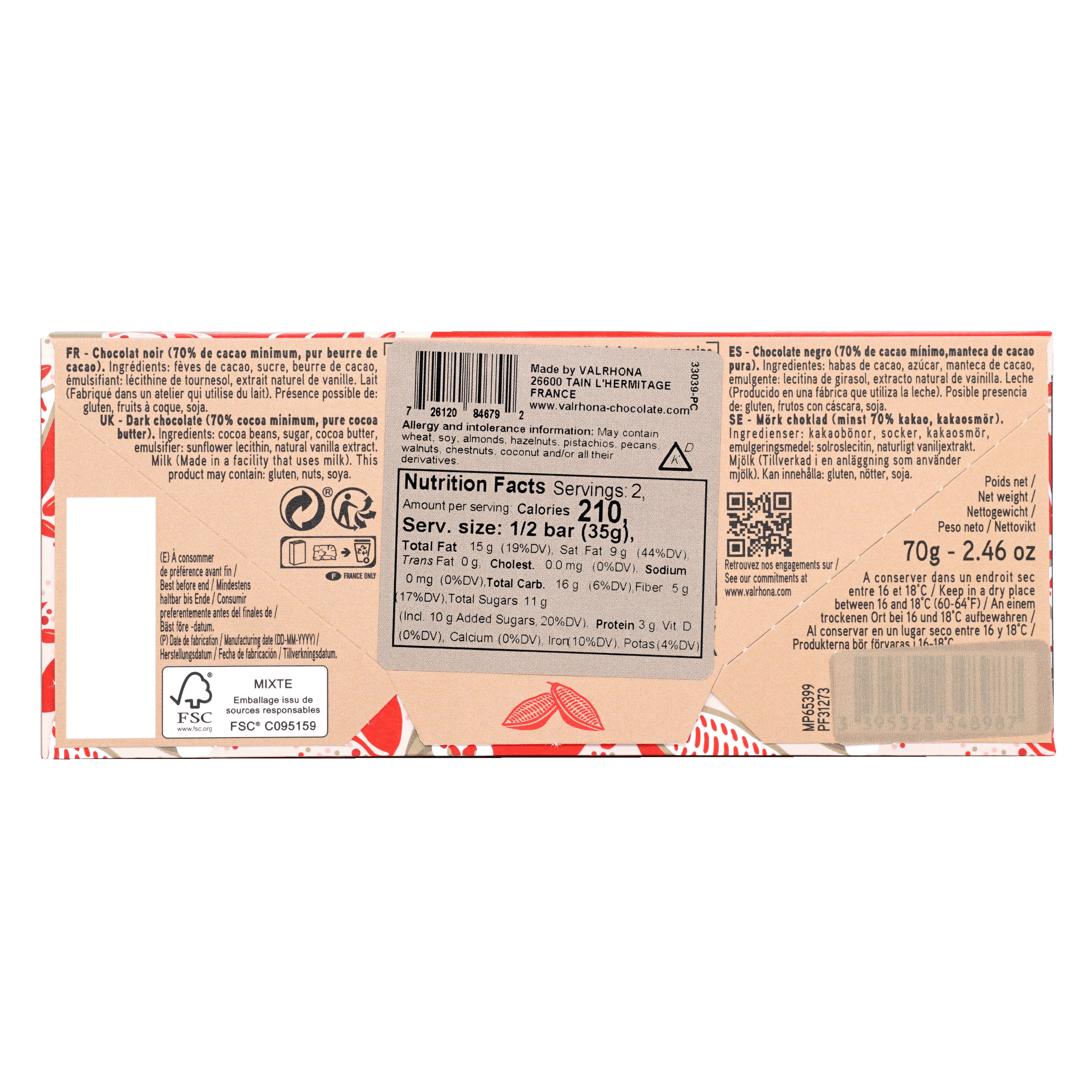 Valrhona Grand Cru Guanaja 70% dark chocolate bar wrapper with pink white design and red cocoa beans