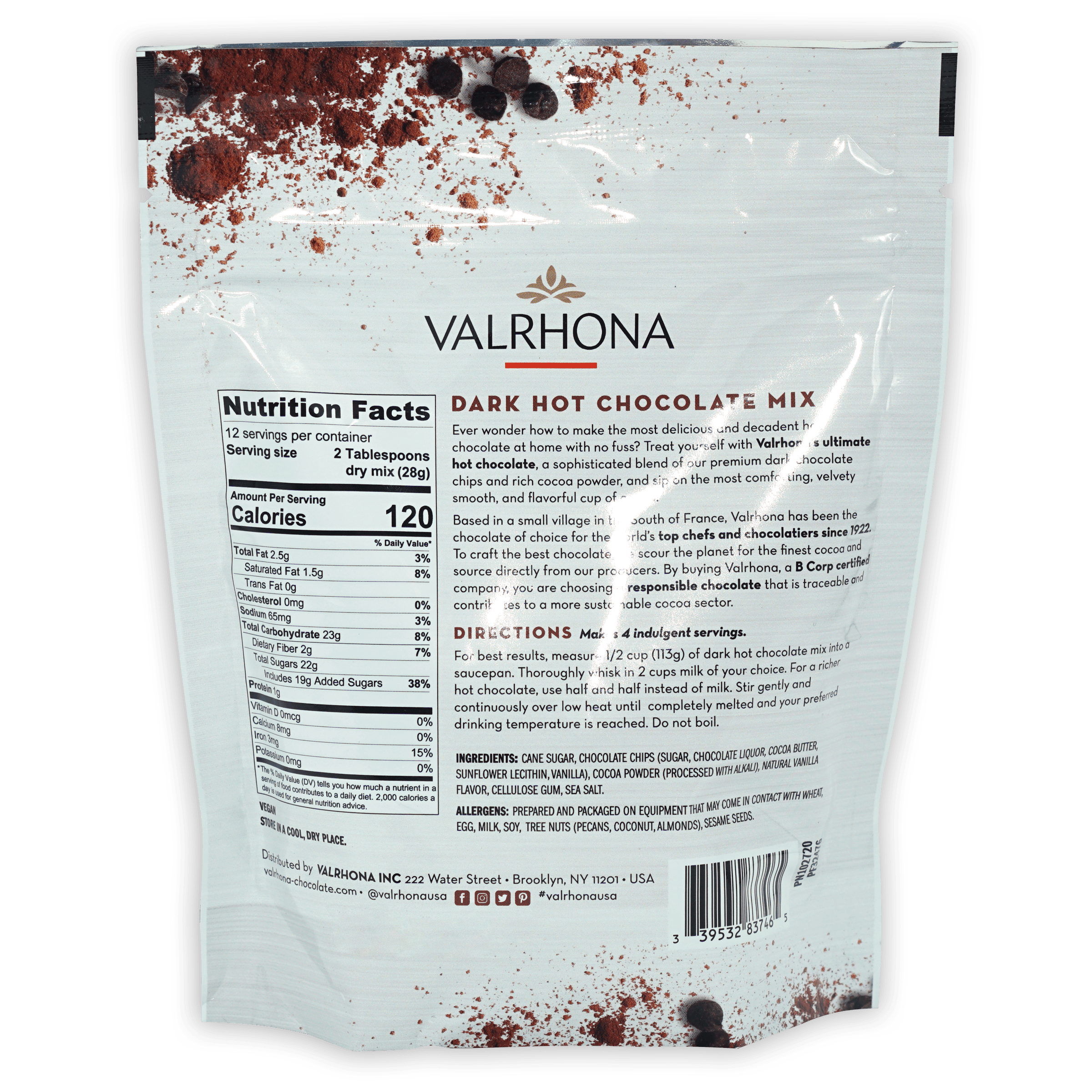 Valrhona dark hot chocolate mix in white pouch with splatter design
