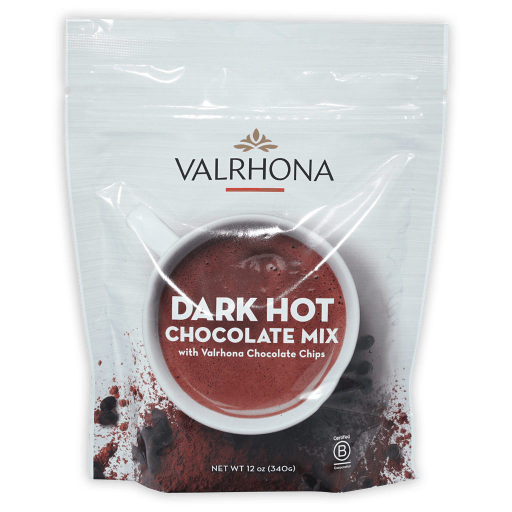 Valrhona dark hot chocolate mix in resealable pouch with cocoa cup image
