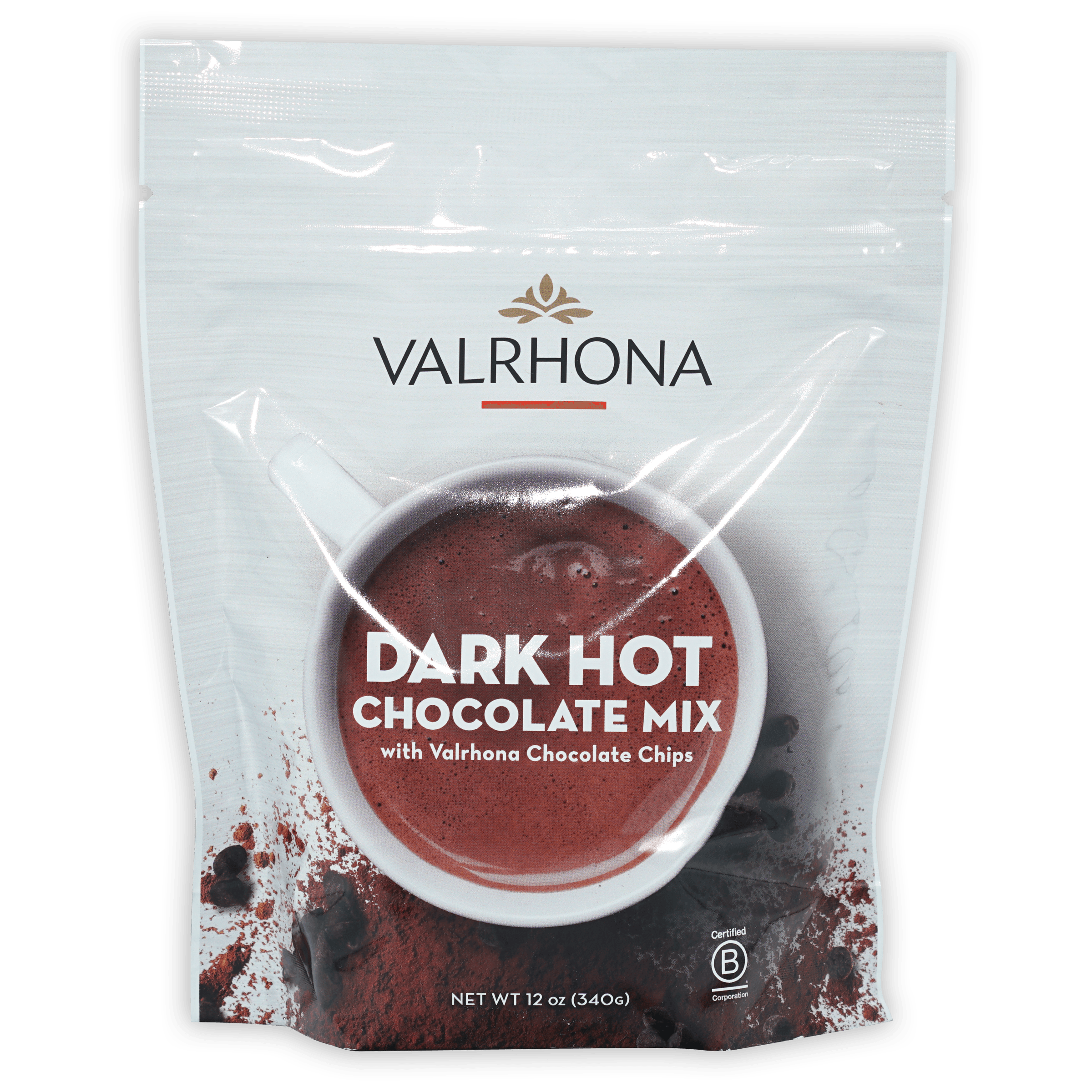 Valrhona dark hot chocolate mix in resealable pouch with cocoa cup image