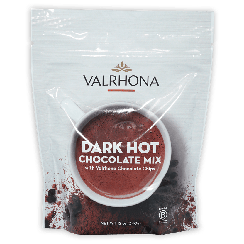 Valrhona dark hot chocolate mix in resealable pouch with cocoa cup image