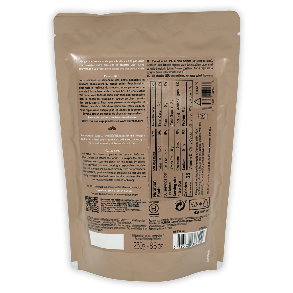 Back of Valrhona milk chocolate chips 32% beige pouch with matte finish