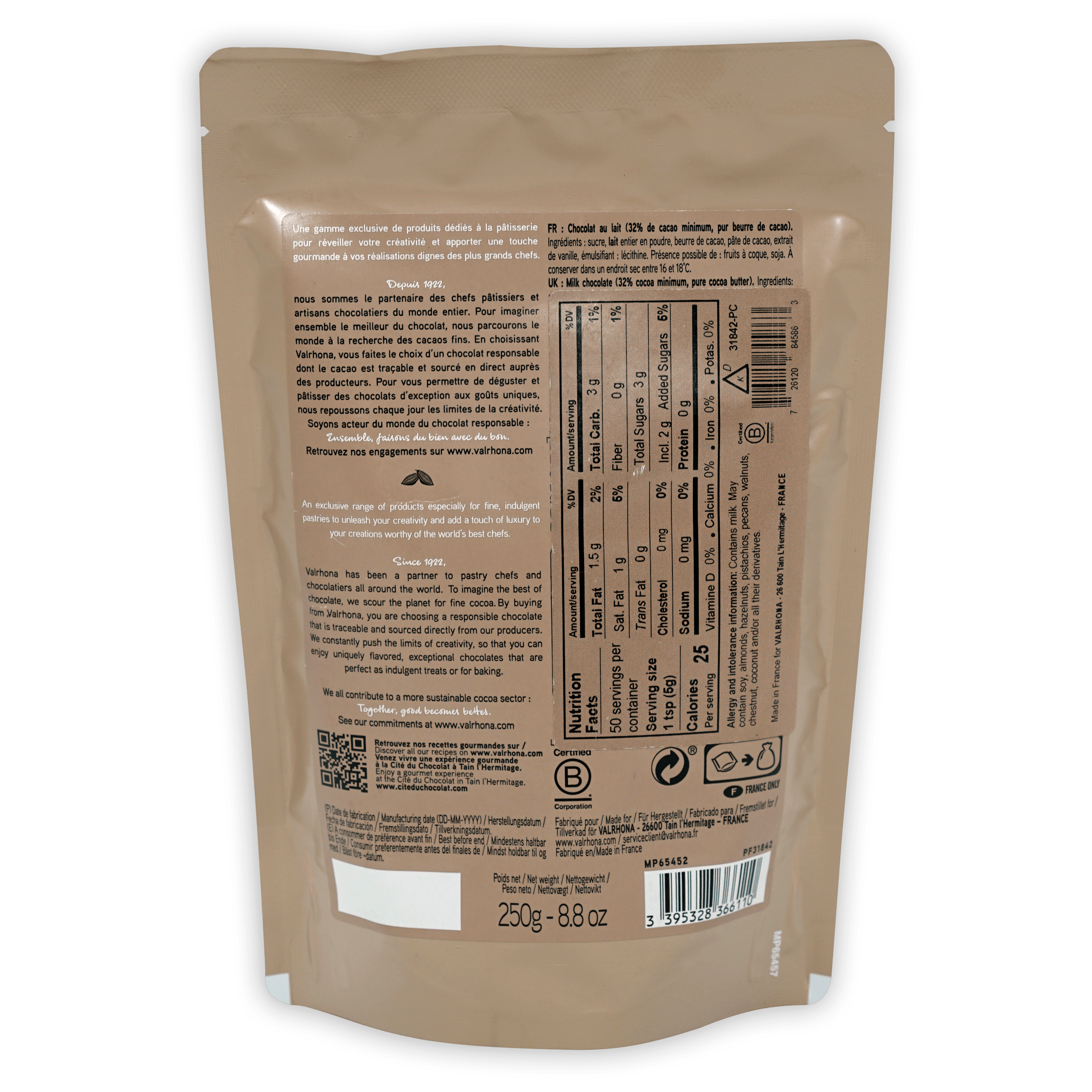 Back of Valrhona milk chocolate chips 32% beige pouch with matte finish