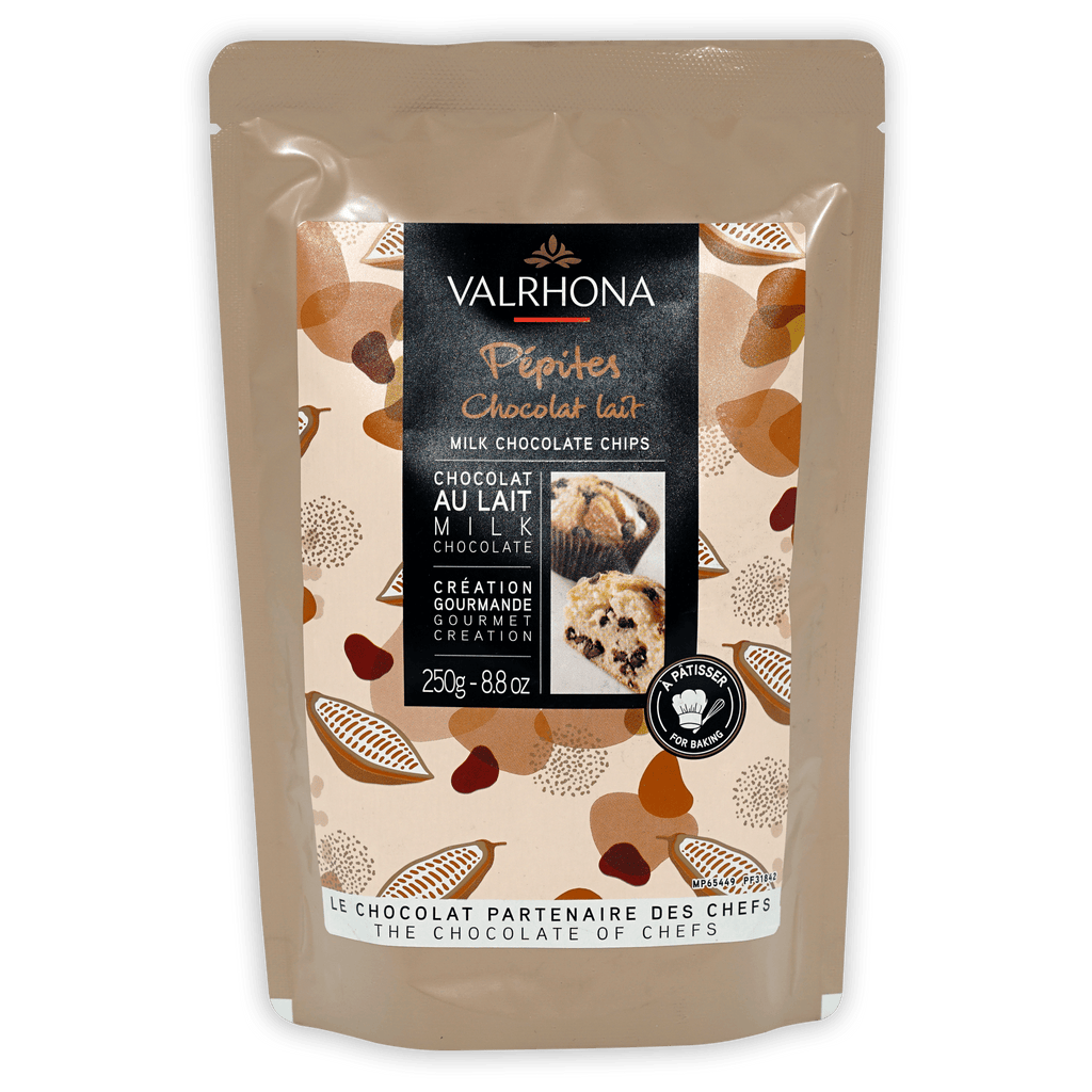 Valrhona Milk Chocolate Chips 32% in beige resealable pouch with cocoa pod design