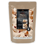 Valrhona Milk Chocolate Chips 32% in beige resealable pouch with cocoa pod design