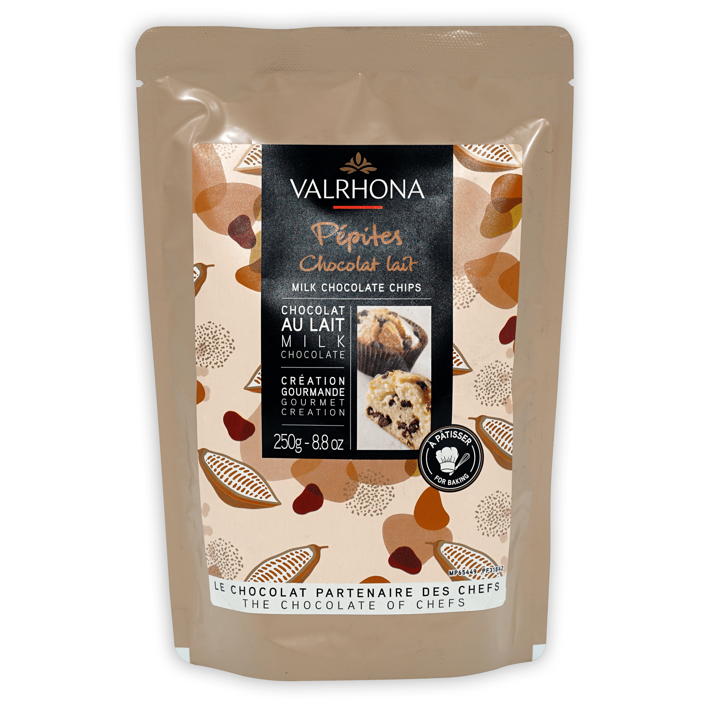 Valrhona Milk Chocolate Chips 32% in beige resealable pouch with cocoa pod design