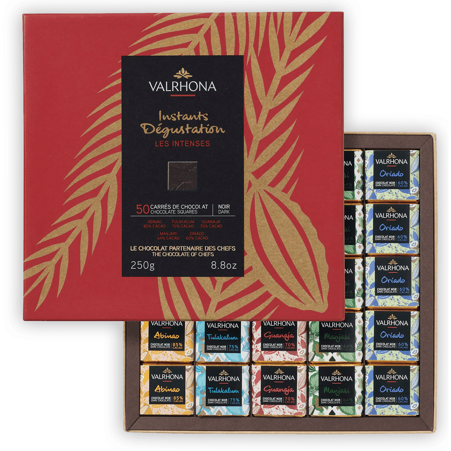 Valrhona Mini Squares Dark Grand Crus gift box, 50 intense pcs in red gold pack