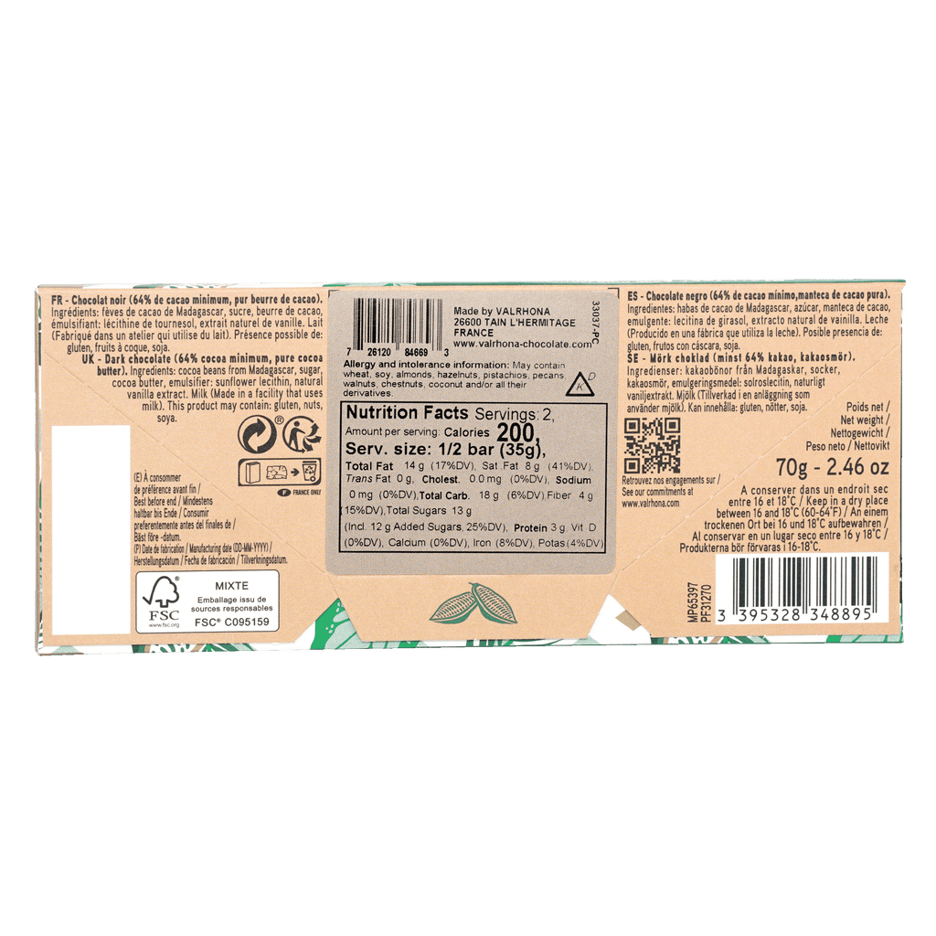 Back of 70g Valrhona Grand Cru Manjari 64% dark chocolate bar in beige green foil