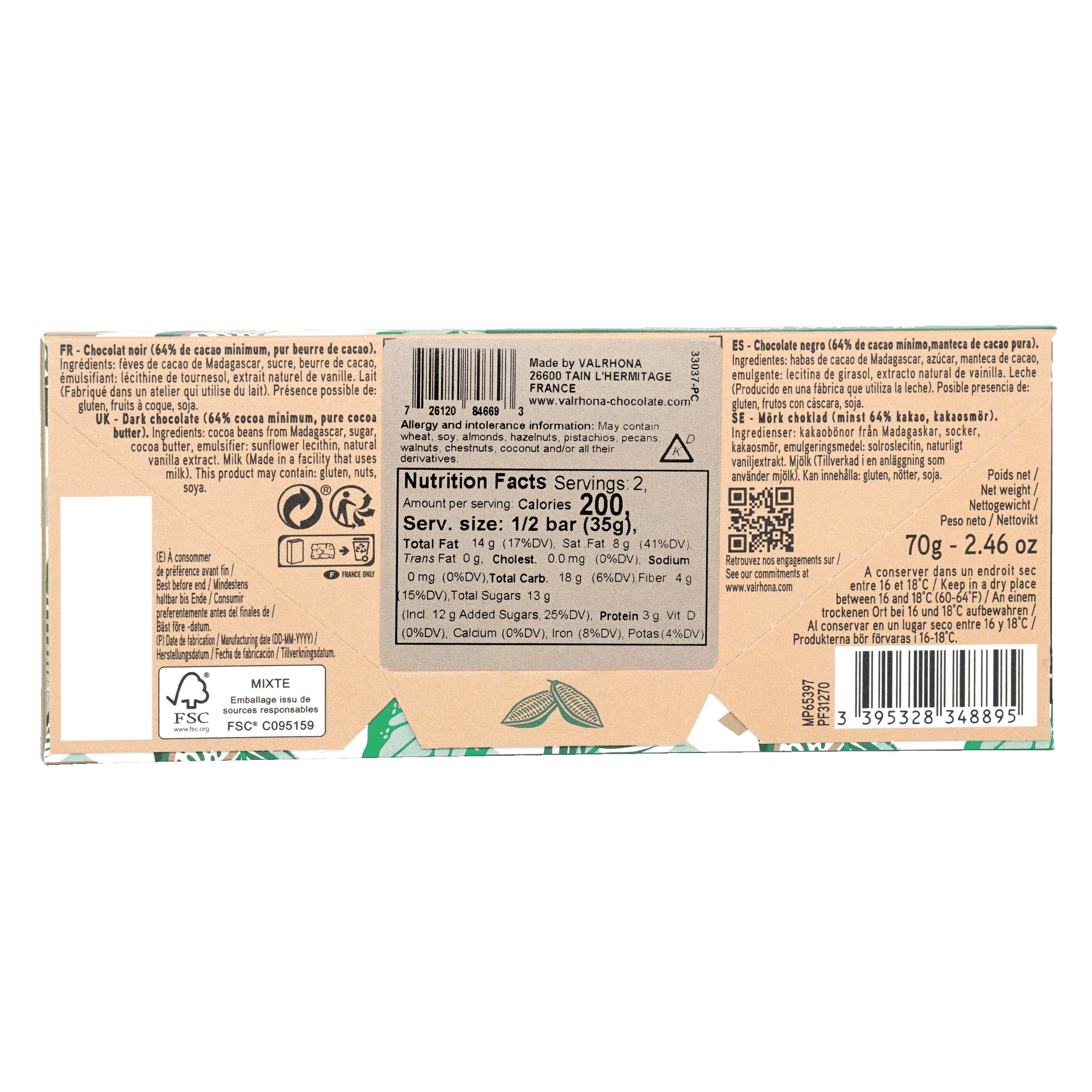 Back of 70g Valrhona Grand Cru Manjari 64% dark chocolate bar in beige green foil