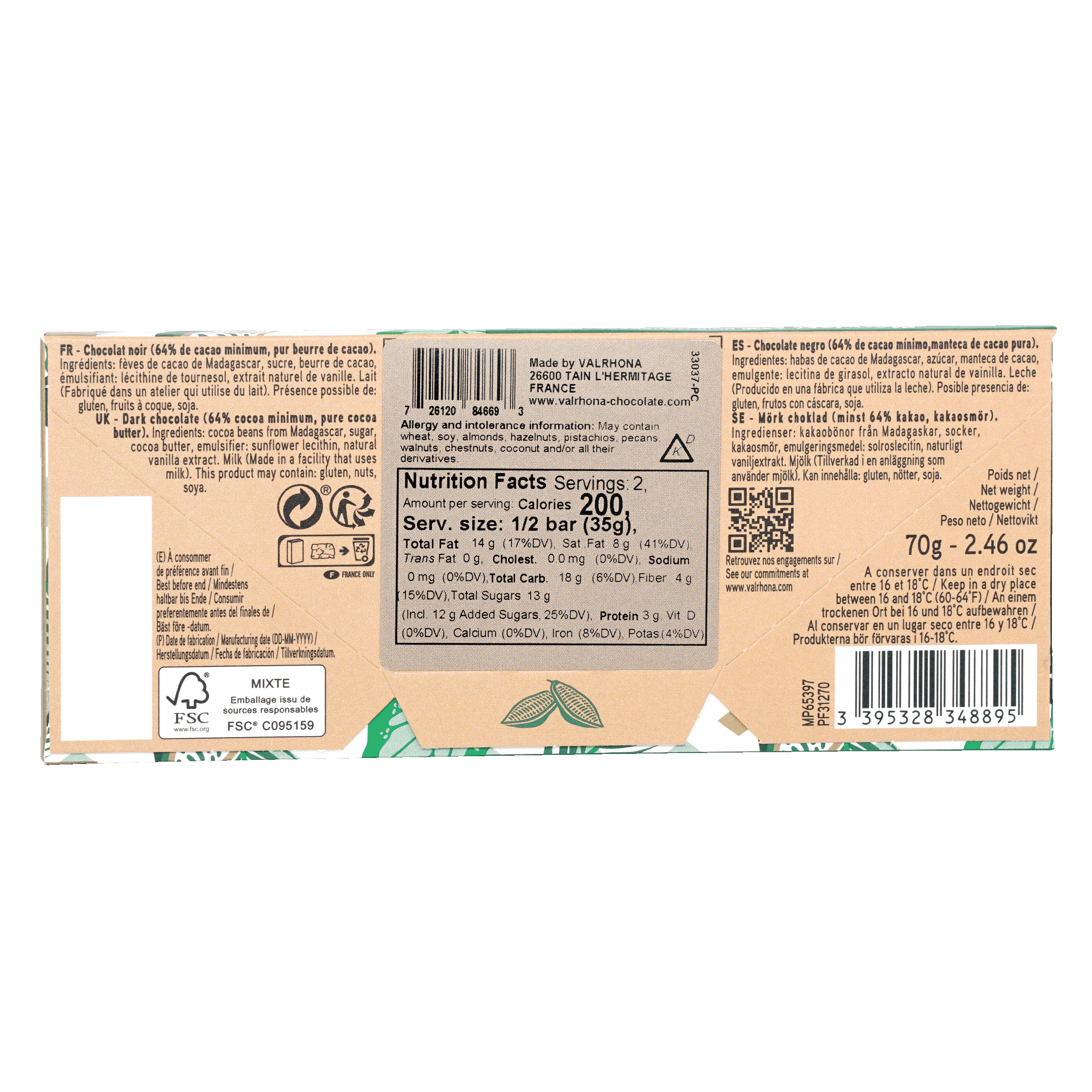 Back of 70g Valrhona Grand Cru Manjari 64% dark chocolate bar in beige green foil