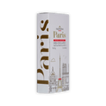 Valrhona Paris box at an angle, white with gold Paris lettering and skyline, almonds, hazelnuts and cereals in dark and milk chocolate, 160g