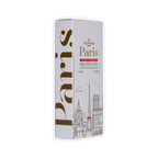 Valrhona Paris box at an angle, white with gold Paris lettering and skyline, almonds, hazelnuts and cereals in dark and milk chocolate, 160g