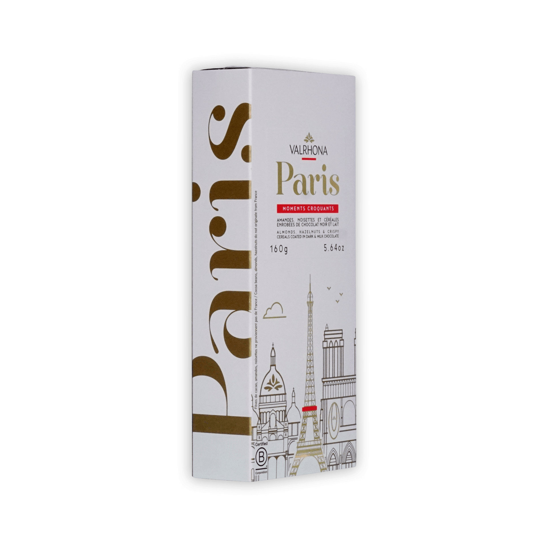 Valrhona Paris box at an angle, white with gold Paris lettering and skyline, almonds, hazelnuts and cereals in dark and milk chocolate, 160g