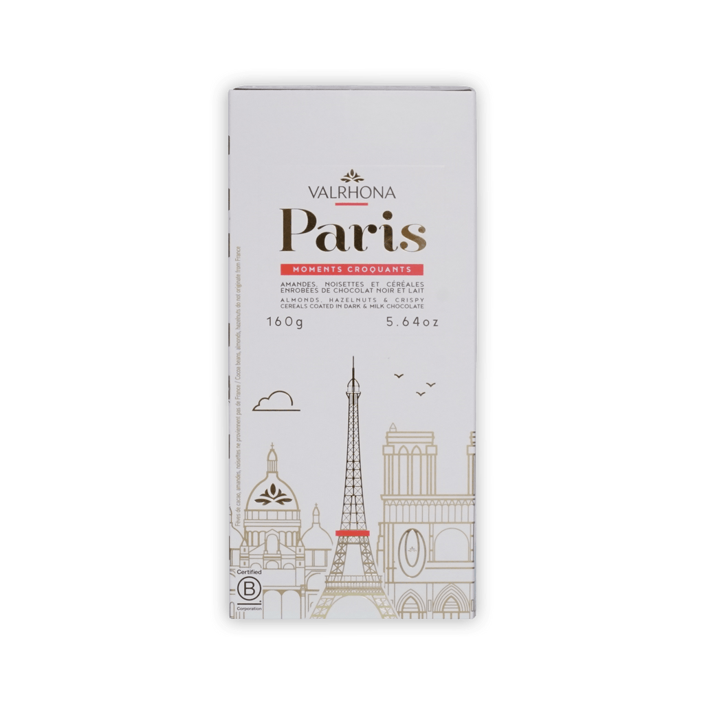Valrhona Paris box front, white with gold Paris title and skyline of Paris landmarks, 160g, 5.64 oz