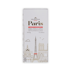 Valrhona Paris box front, white with gold Paris title and skyline of Paris landmarks, 160g, 5.64 oz