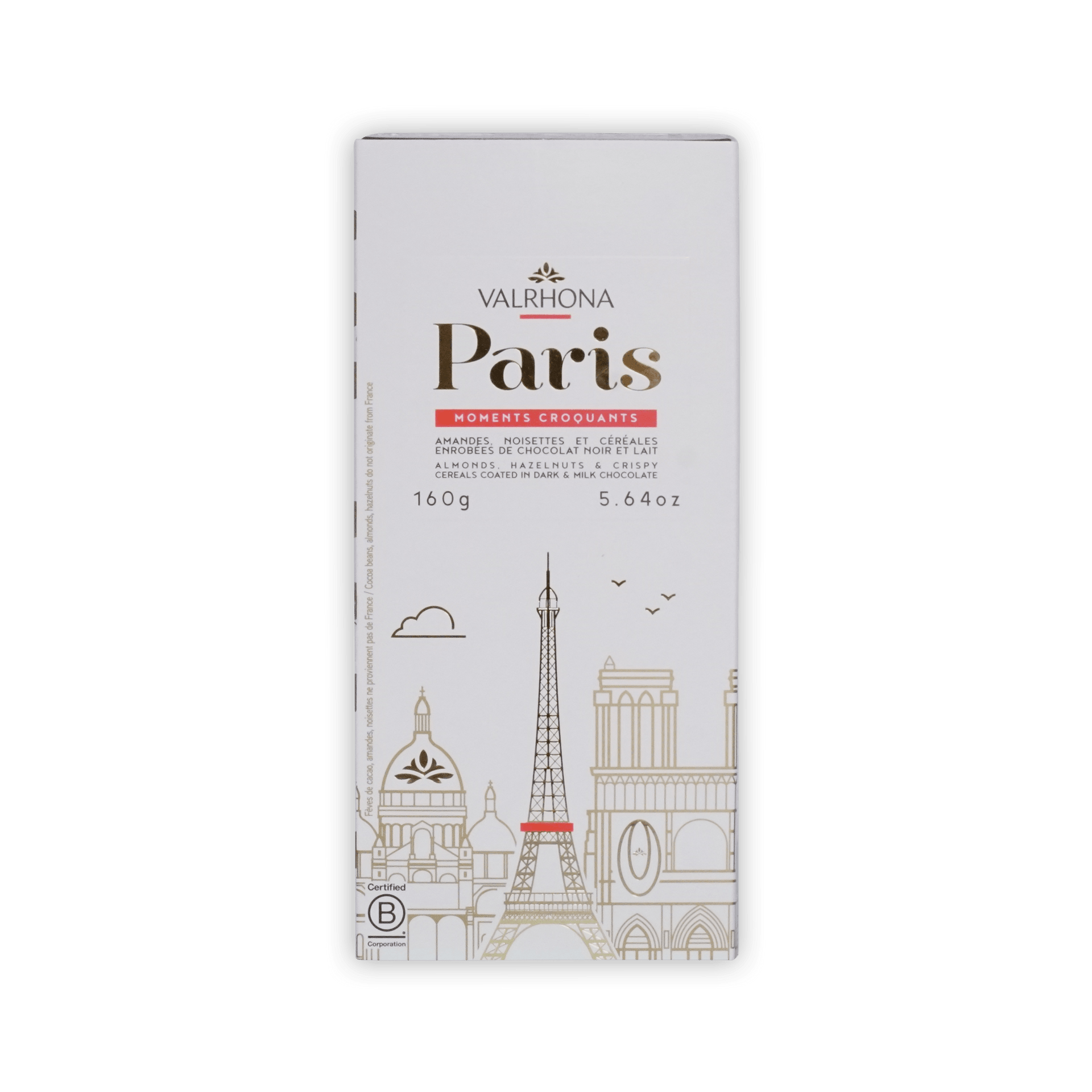 Valrhona Paris box front, white with gold Paris title and skyline of Paris landmarks, 160g, 5.64 oz