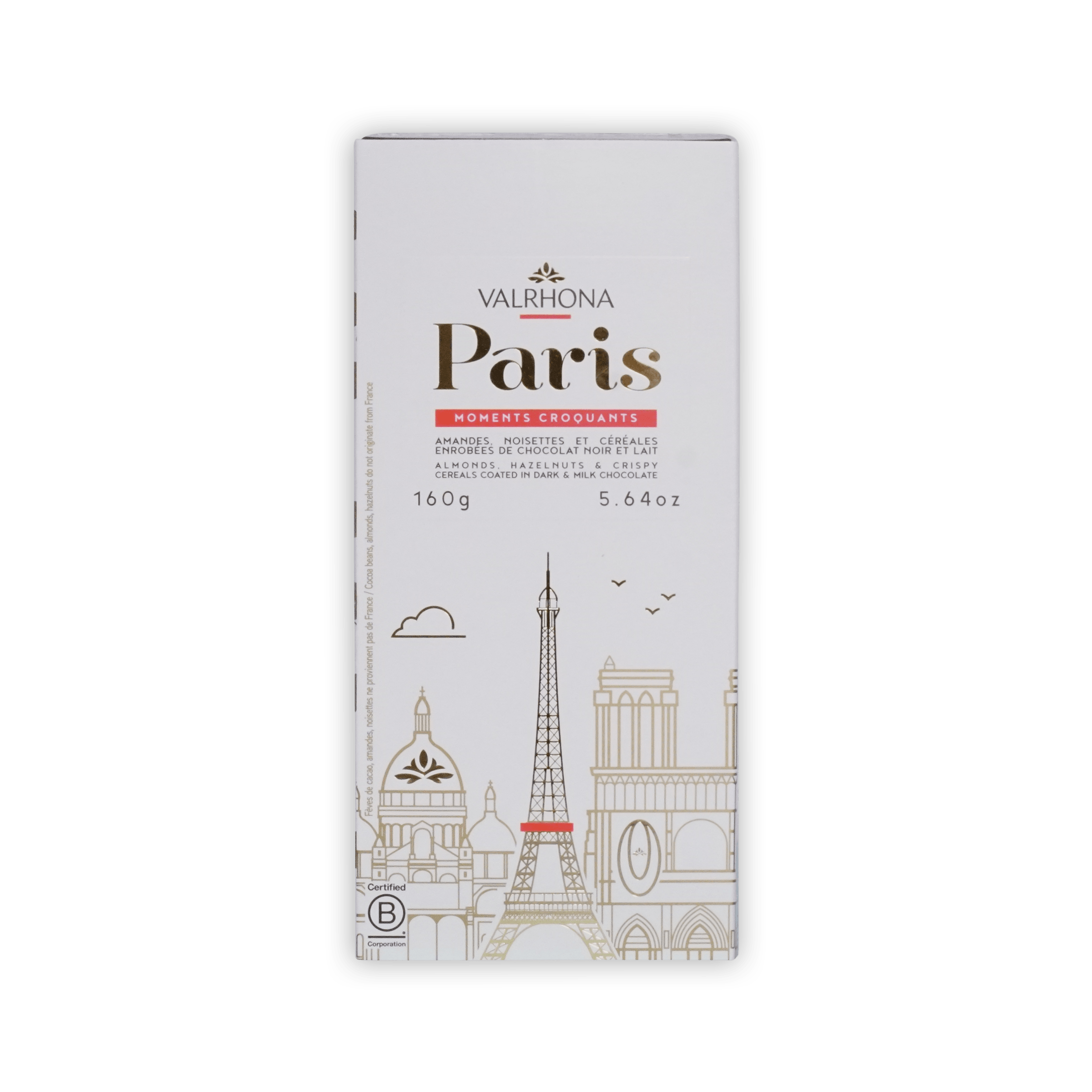 Valrhona Paris box front, white with gold Paris title and skyline of Paris landmarks, 160g, 5.64 oz