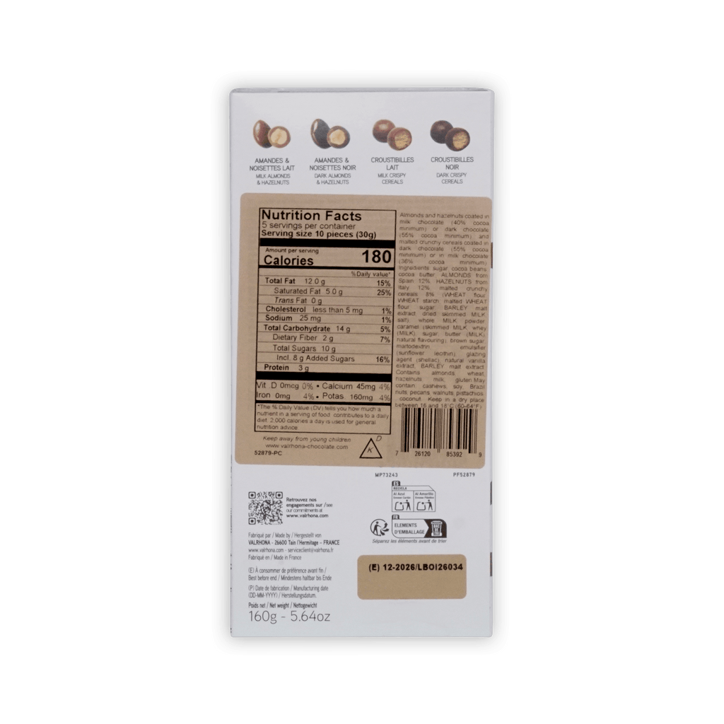 Back of Valrhona Paris box, four coated nut and cereal varieties, nutrition facts, ingredients and barcode, 160g
