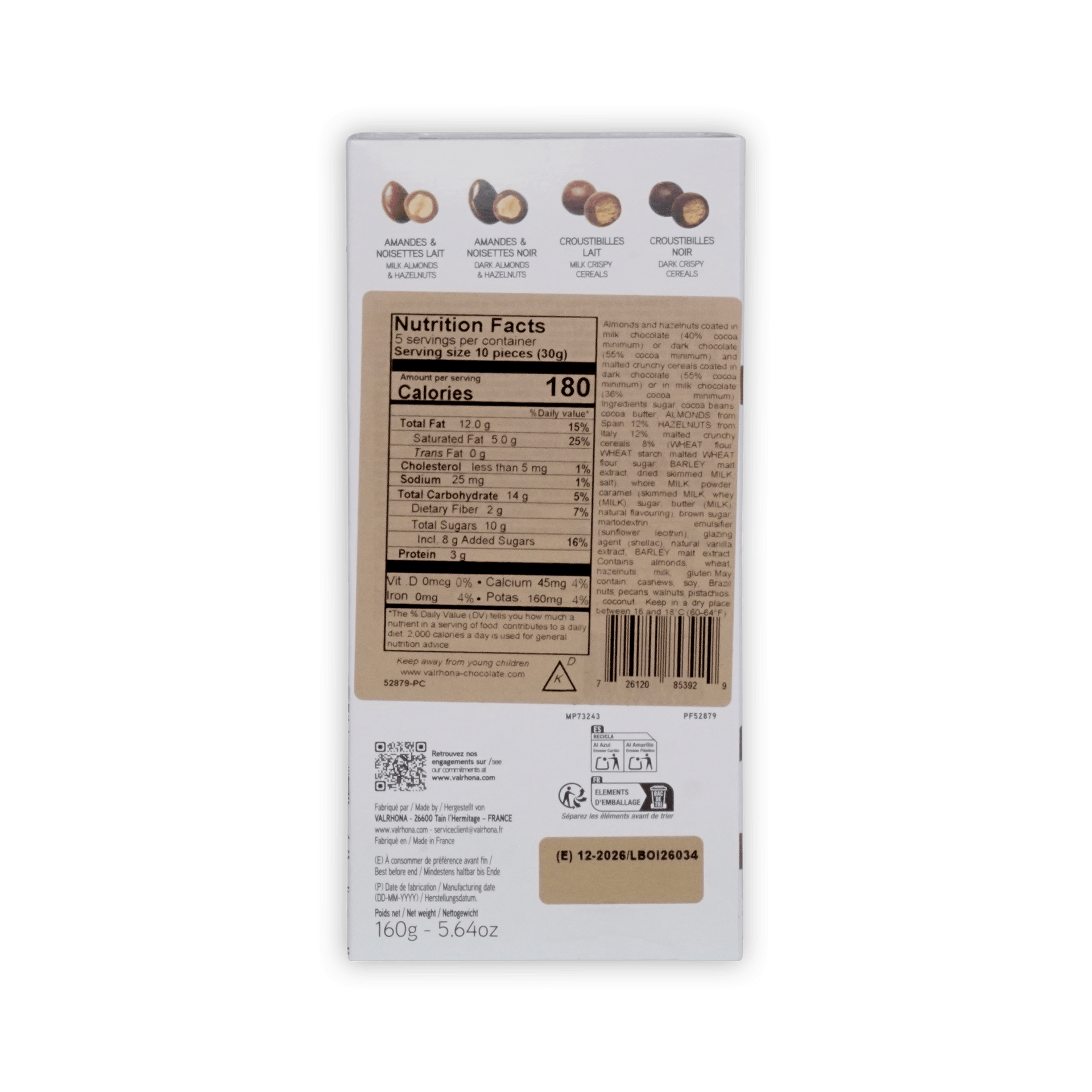 Back of Valrhona Paris box, four coated nut and cereal varieties, nutrition facts, ingredients and barcode, 160g