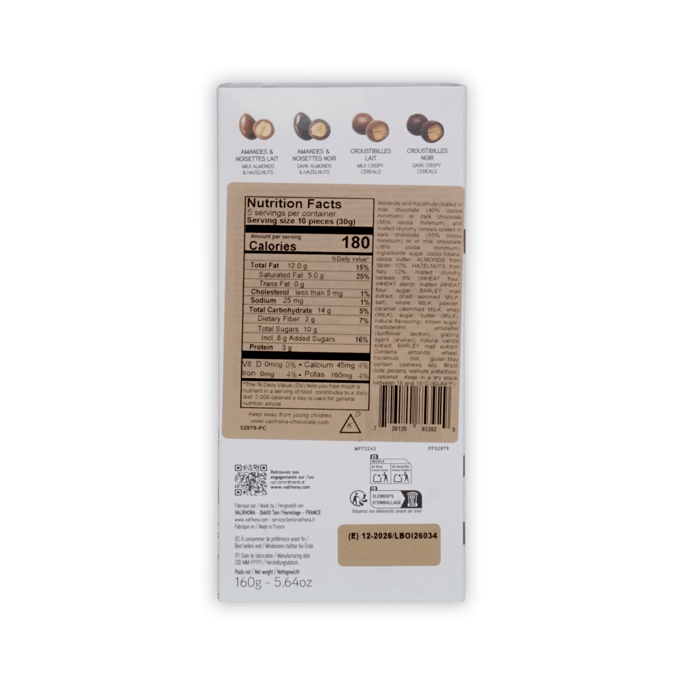 Back of Valrhona Paris box, four coated nut and cereal varieties, nutrition facts, ingredients and barcode, 160g