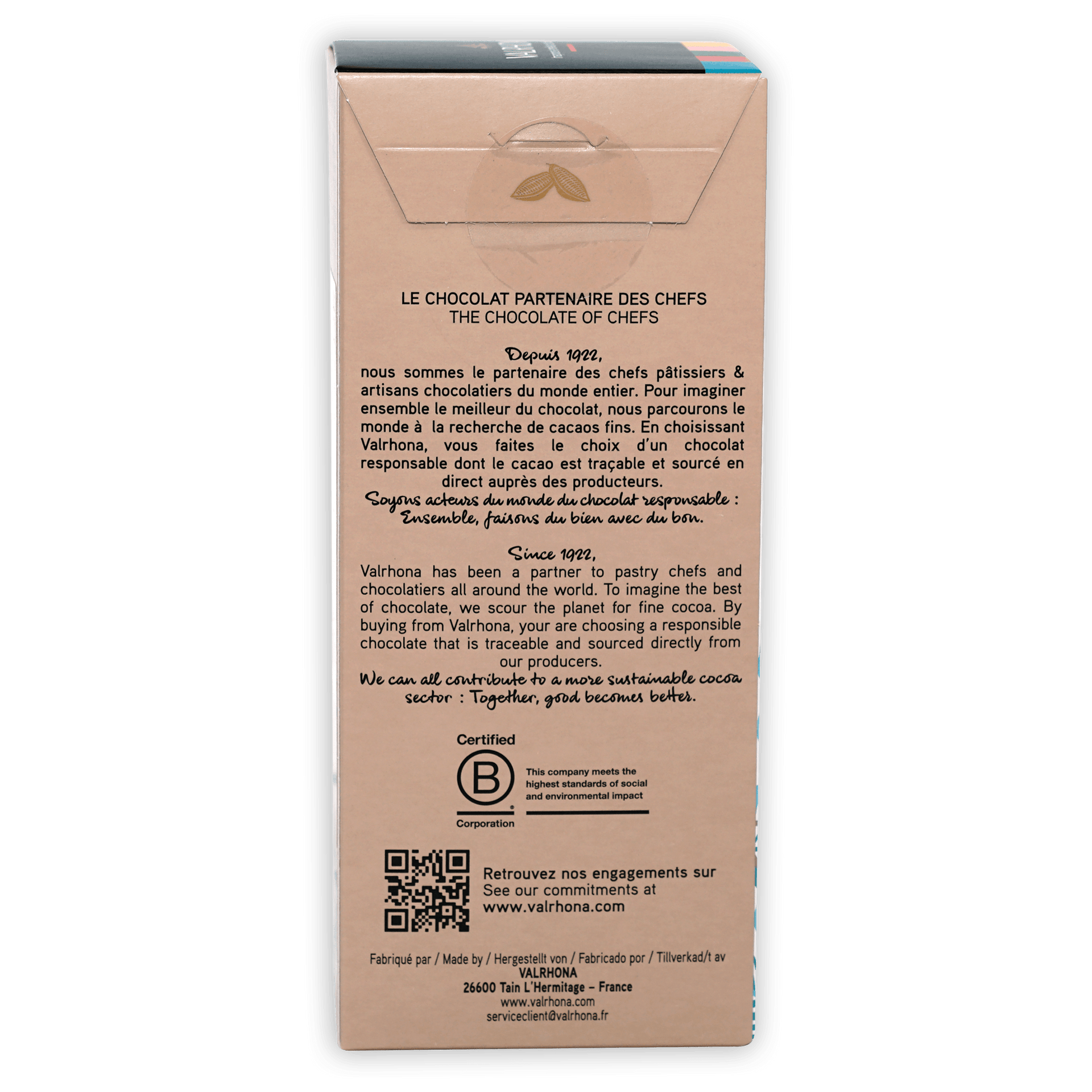 Valrhona Tasting Bars Gift Box back: ethical traceable cocoa sourcing