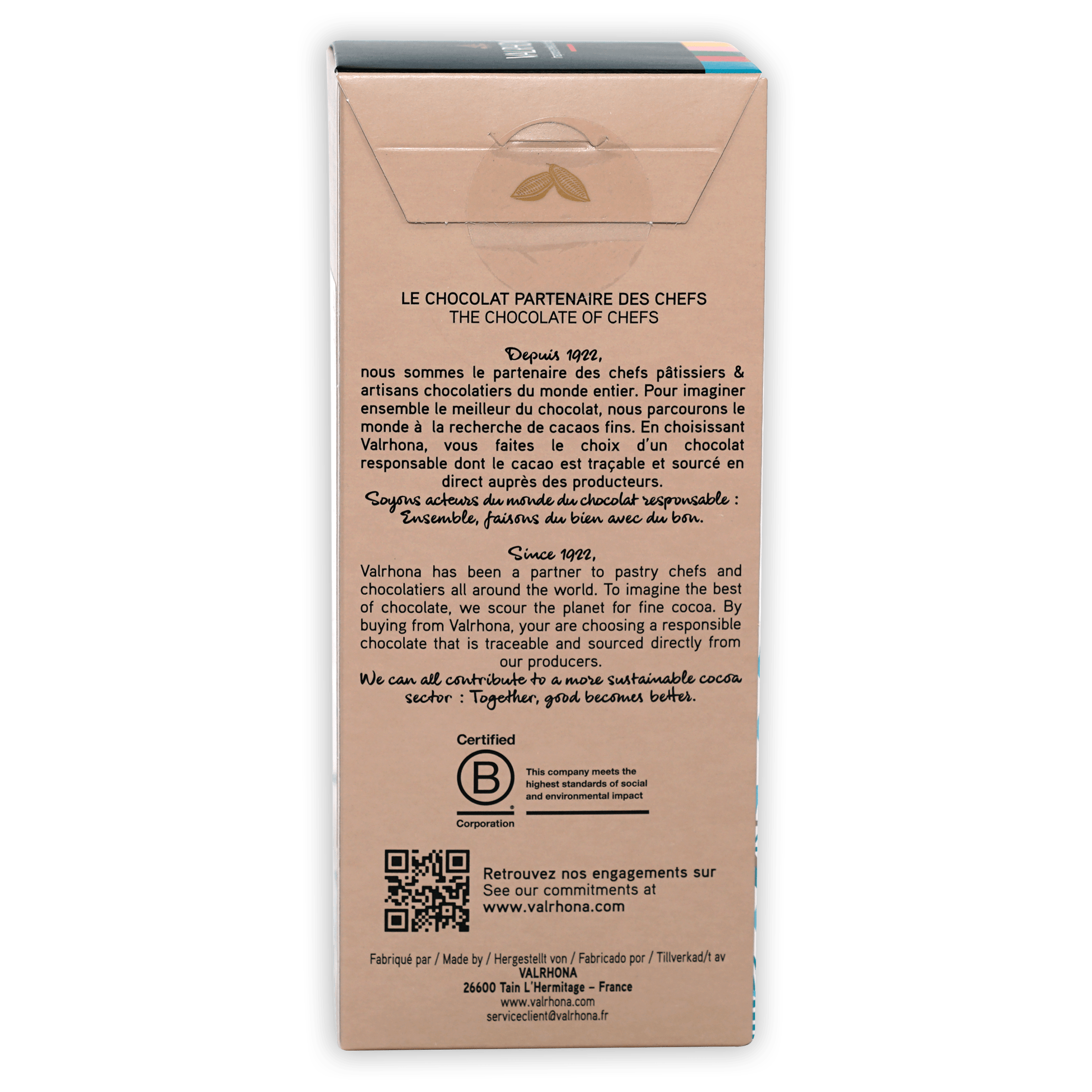 Valrhona Tasting Bars Gift Box back: ethical traceable cocoa sourcing
