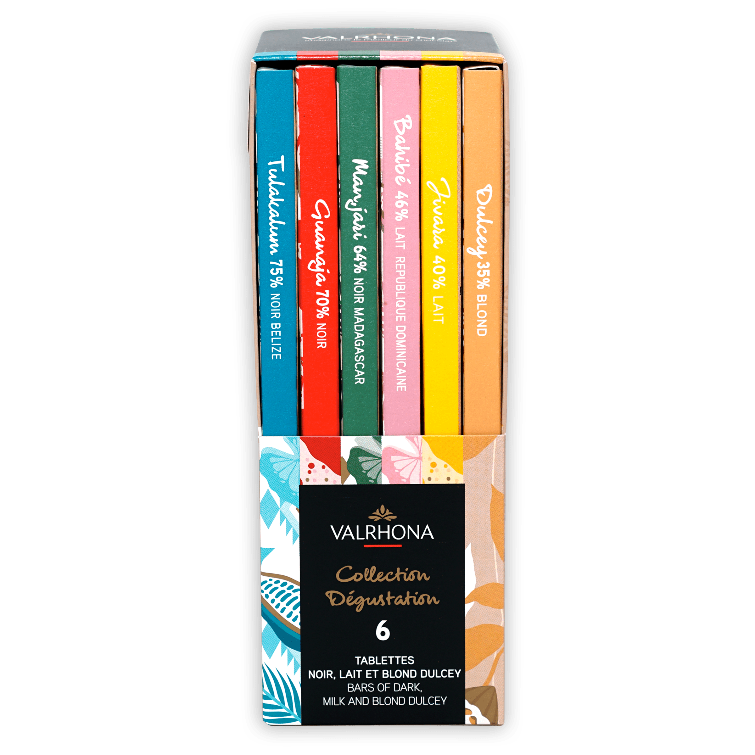 Valrhona tasting bars chocolate gift box with 6 colorful assorted bars
