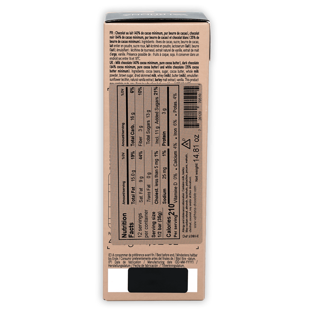 Back of Valrhona Tasting Bars Chocolate Gift Box with nutritional info