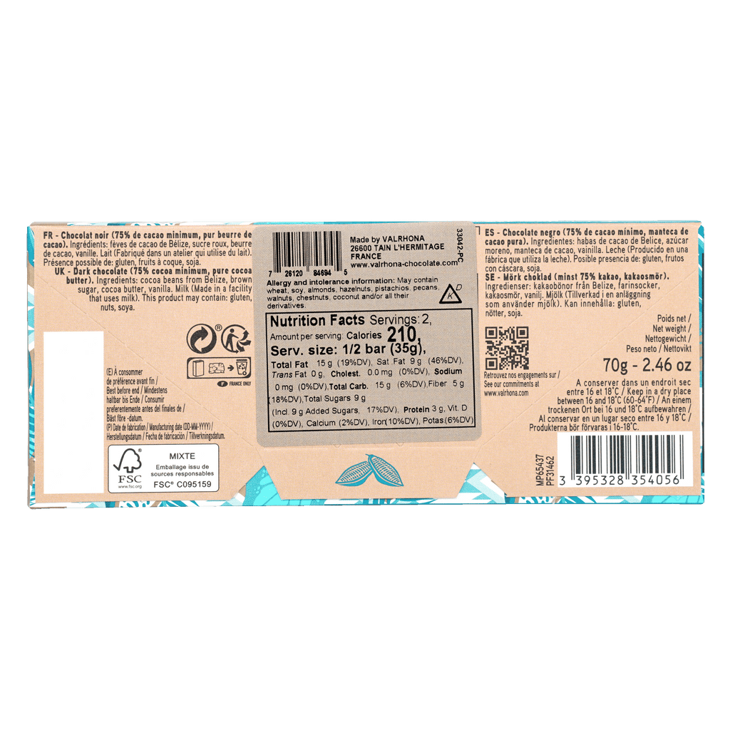 Back of Valrhona Grand Cru Tulakalum 75% dark chocolate bar wrapper