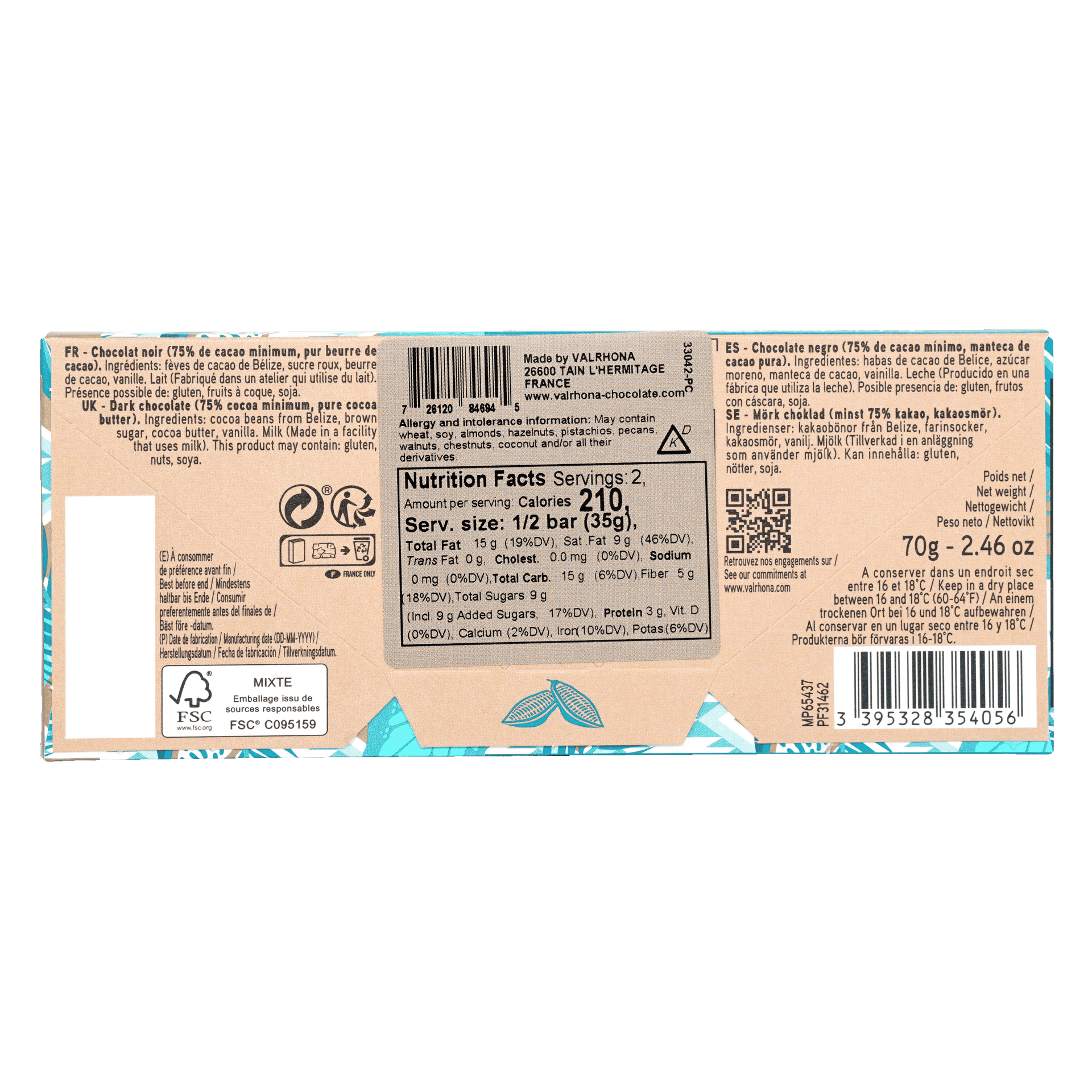 Back of Valrhona Grand Cru Tulakalum 75% dark chocolate bar wrapper