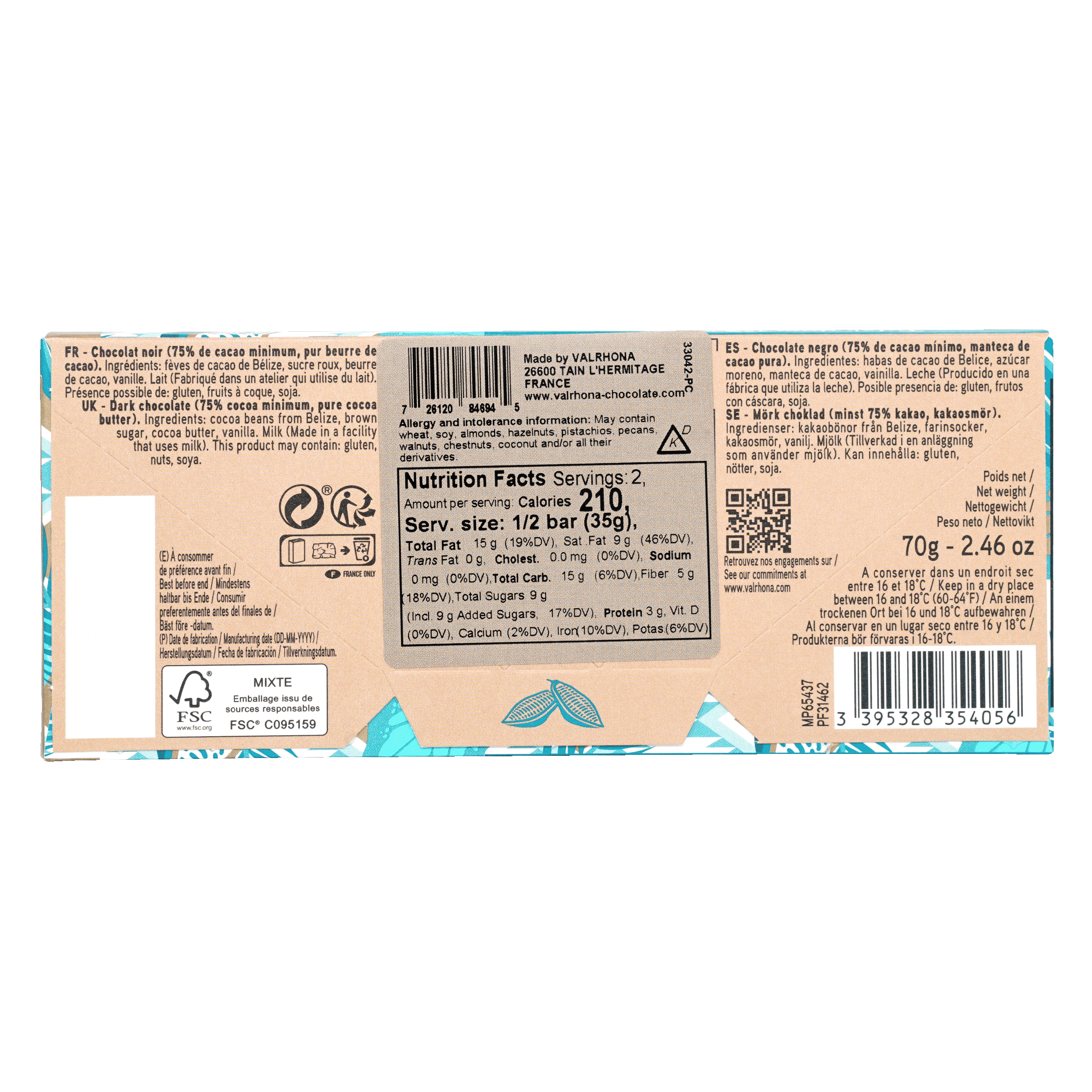 Back of Valrhona Grand Cru Tulakalum 75% dark chocolate bar wrapper