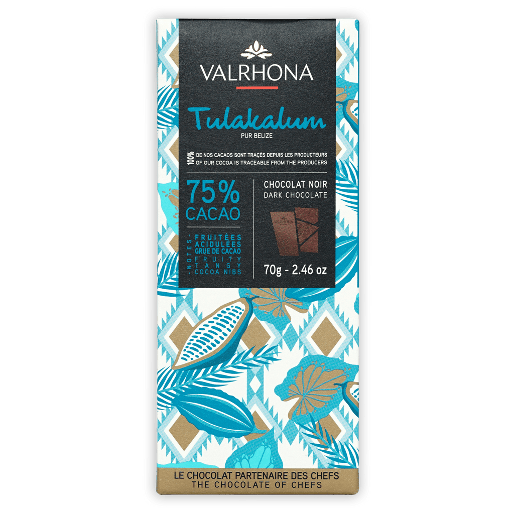 Valrhona Grand Cru Tulakalum 75% dark chocolate bar in blue gold packaging