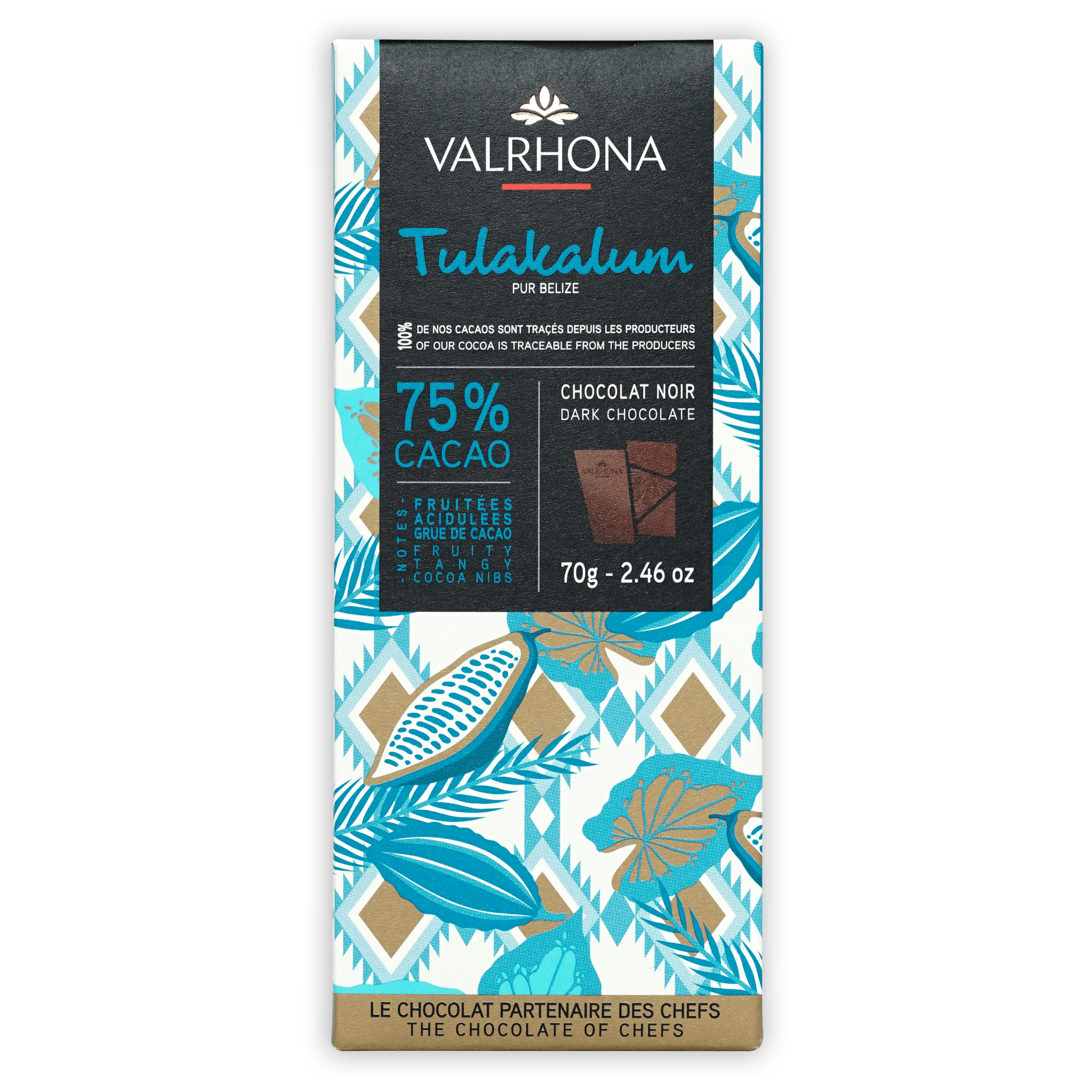 Valrhona Grand Cru Tulakalum 75% dark chocolate bar in blue gold packaging