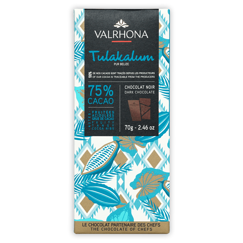 Valrhona Grand Cru Tulakalum 75% dark chocolate bar in blue gold packaging