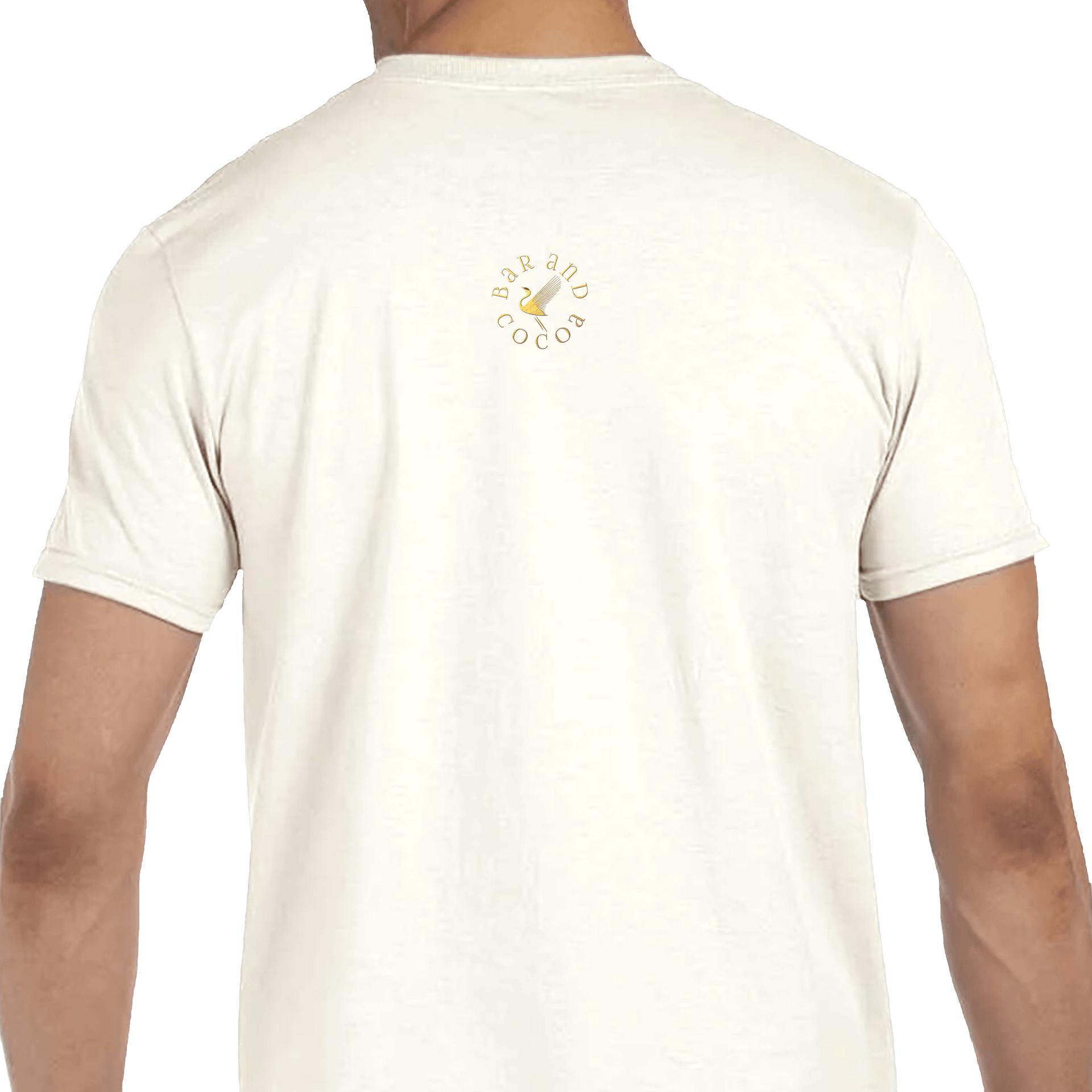Back of Vintage Cocoa Tree Tee: cream cotton t-shirt with bar and cocoa logo, yellow bird