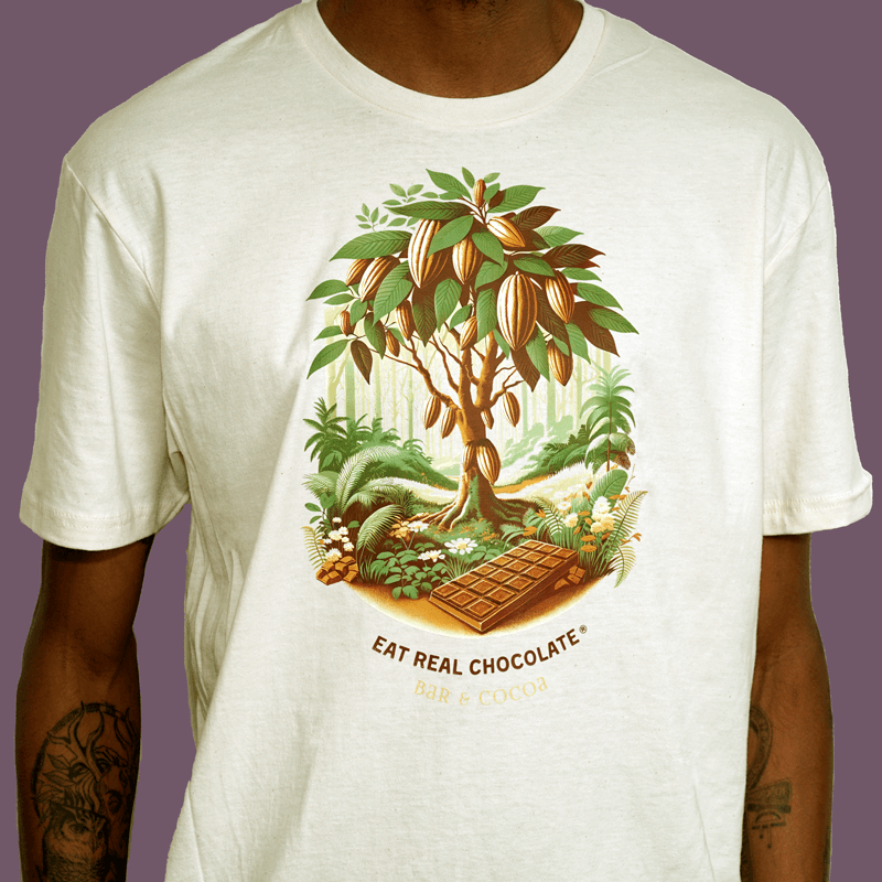 Vintage Cocoa Tree Tee: white cotton t-shirt with cocoa tree illustration
