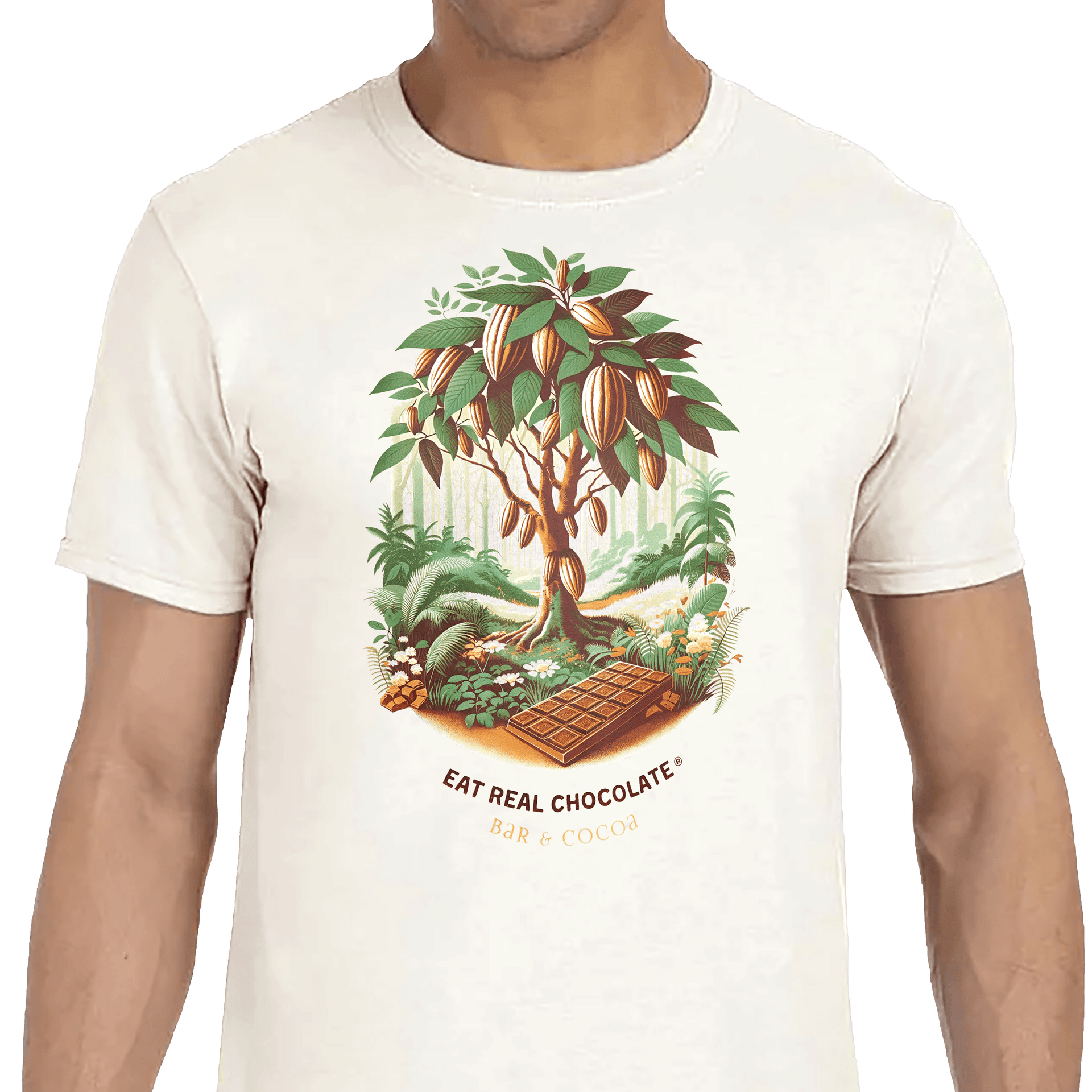 Vintage Cocoa Tree Tee: white cotton t-shirt with cocoa tree illustration
