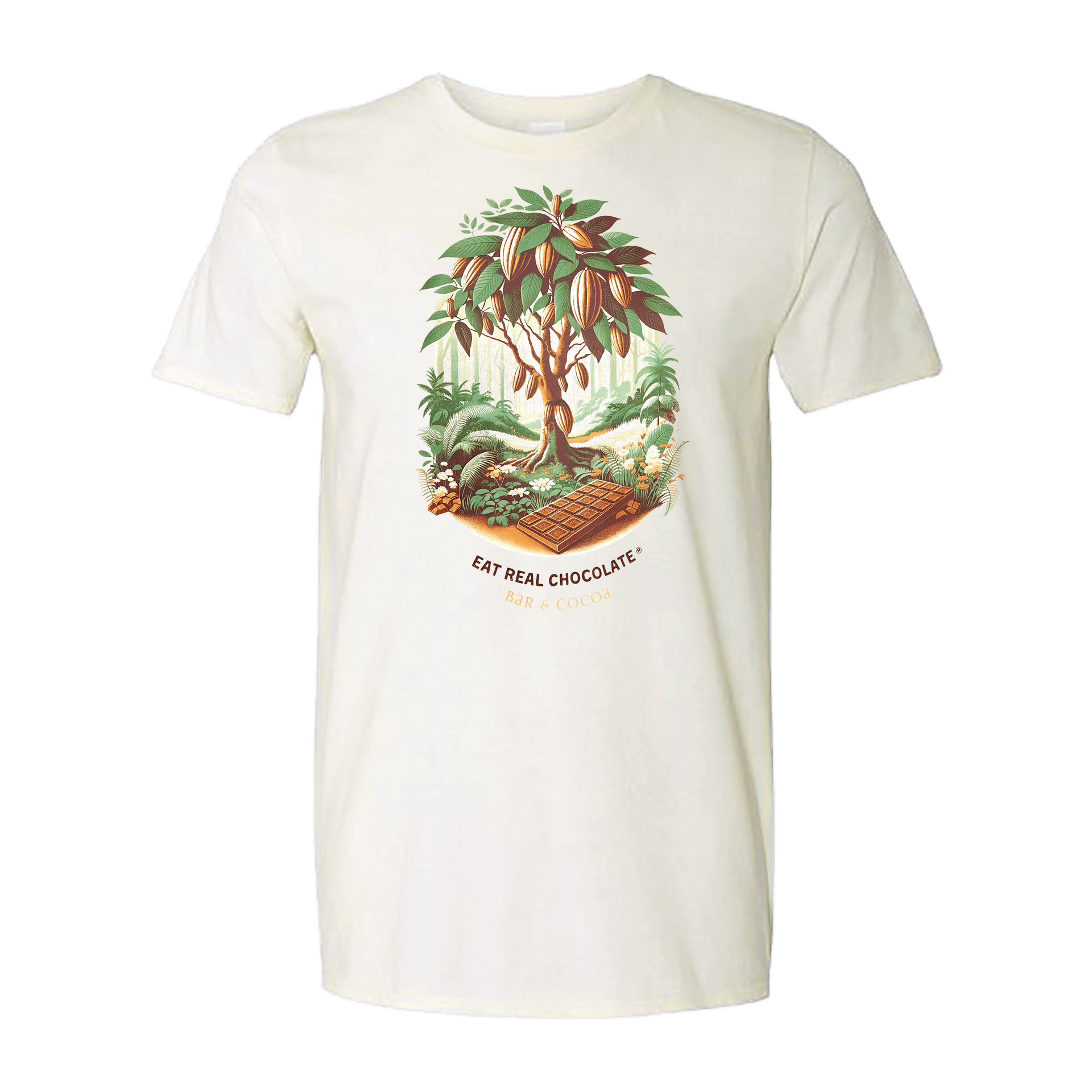 Vintage Cocoa Tree Tee: cream cotton t-shirt with chocolate tree illustration