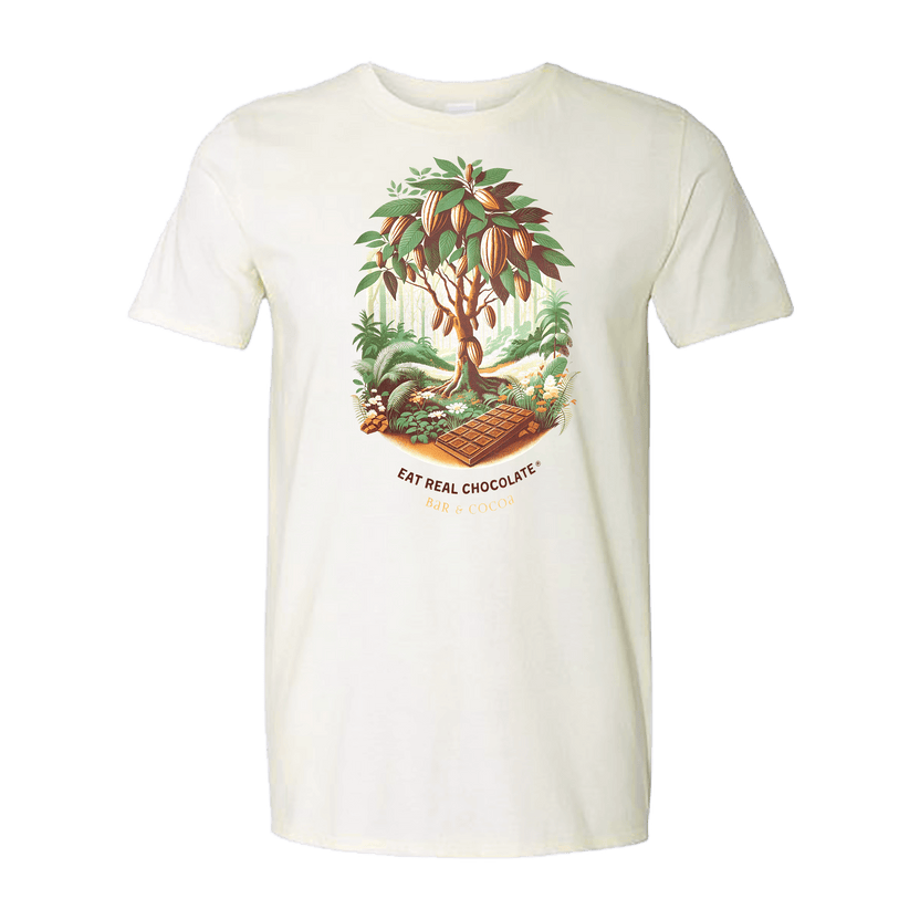 Vintage Cocoa Tree Tee: cream cotton t-shirt with chocolate tree illustration