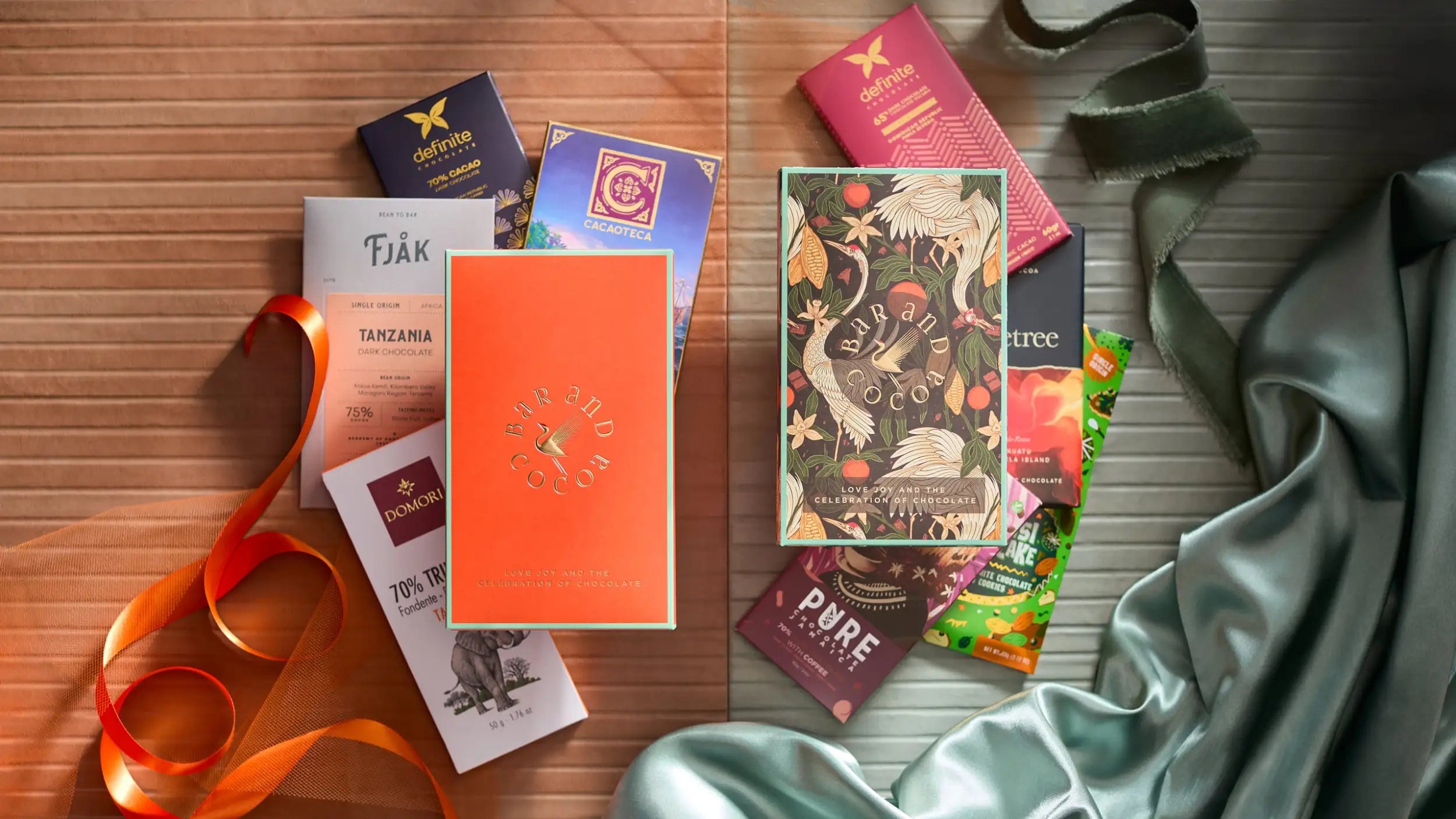 Orange rectangular chocolate bar with ’sun and cocoa’ printed in gold lettering on its front.