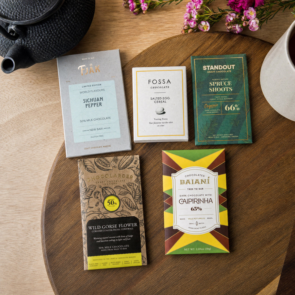 Wild and Wonderful chocolate gift bundle, five craft bars on a wooden tray.