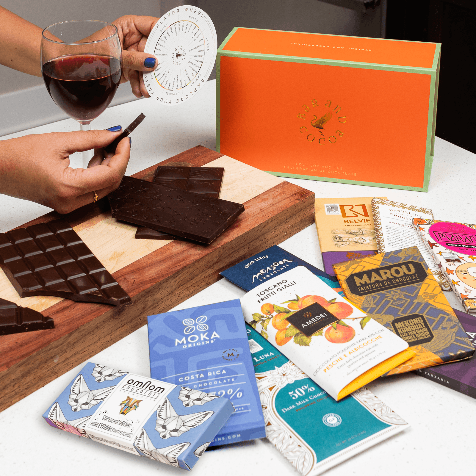 Orange and green Chocolate Bars of the World Gift Box with gold logo