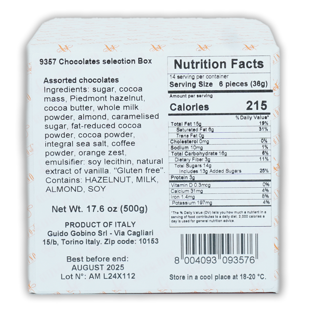 Back of Guido Gobino 9357 chocolates selection box with nutrition facts