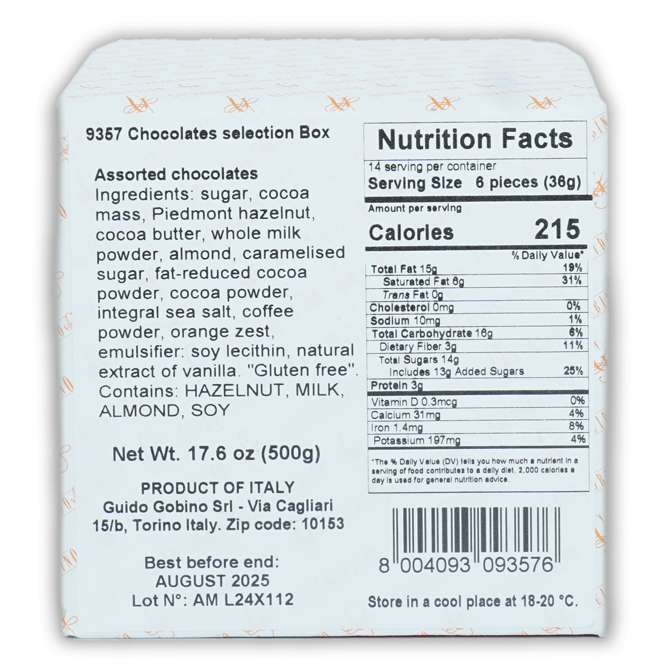 Back of Guido Gobino 9357 chocolates selection box with nutrition facts