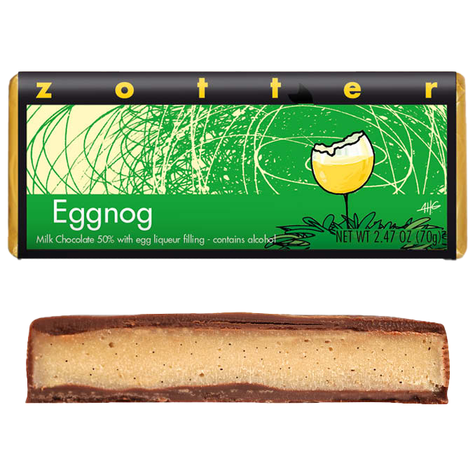 Zotter eggnog milk chocolate bar with green gold wrapper and liqueur filling