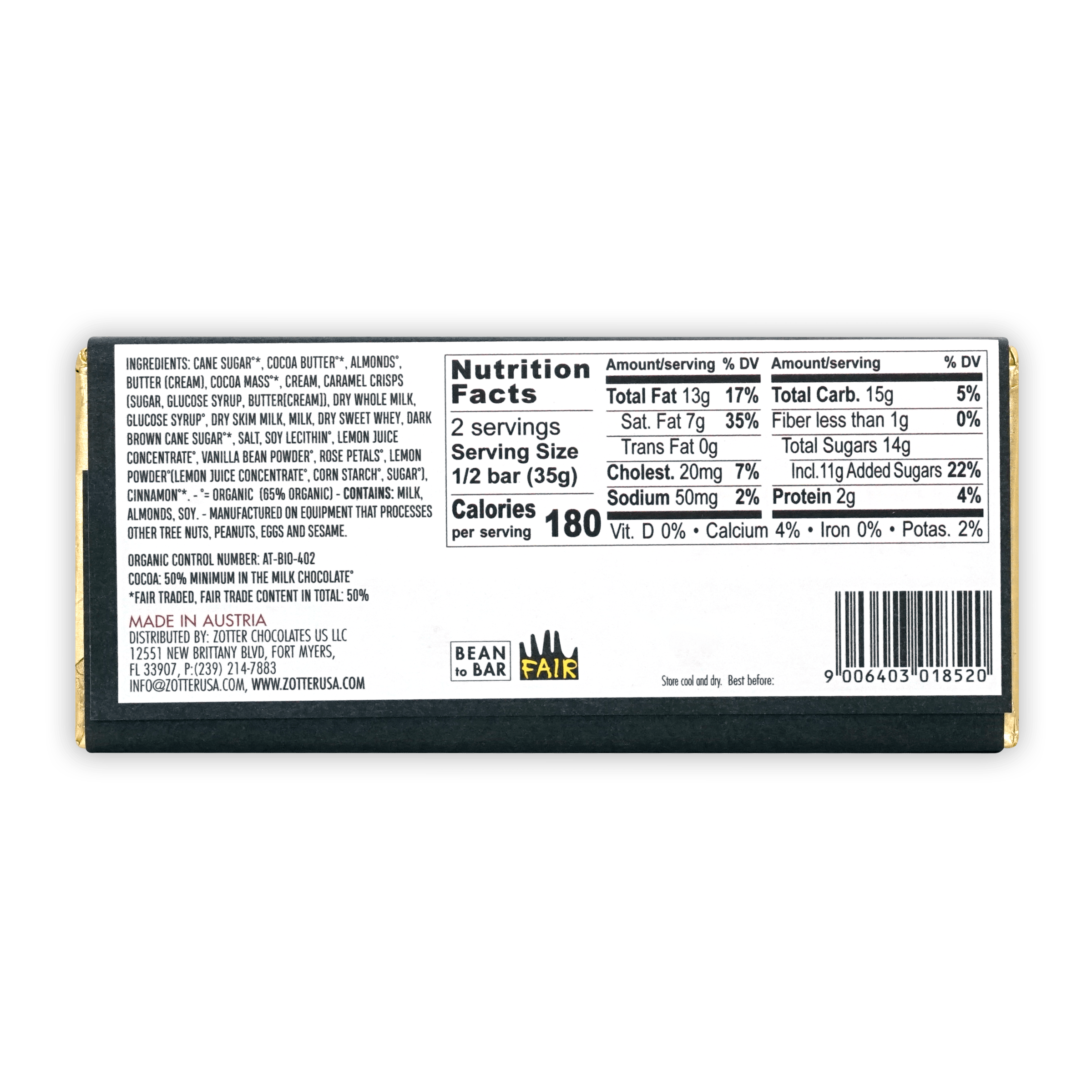 Zotter Butter Caramel 50% organic milk chocolate bar in dark green wrapper with gold foil edges