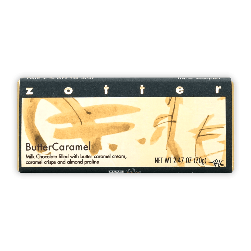 Zotter Butter Caramel 50% filled chocolate bar in black cream wrapper